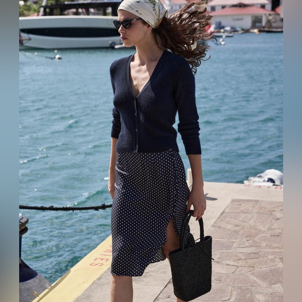 Doen Laurie skirt - Hepburn dot - Navy and White silk-viscose Polka Dot Skirt